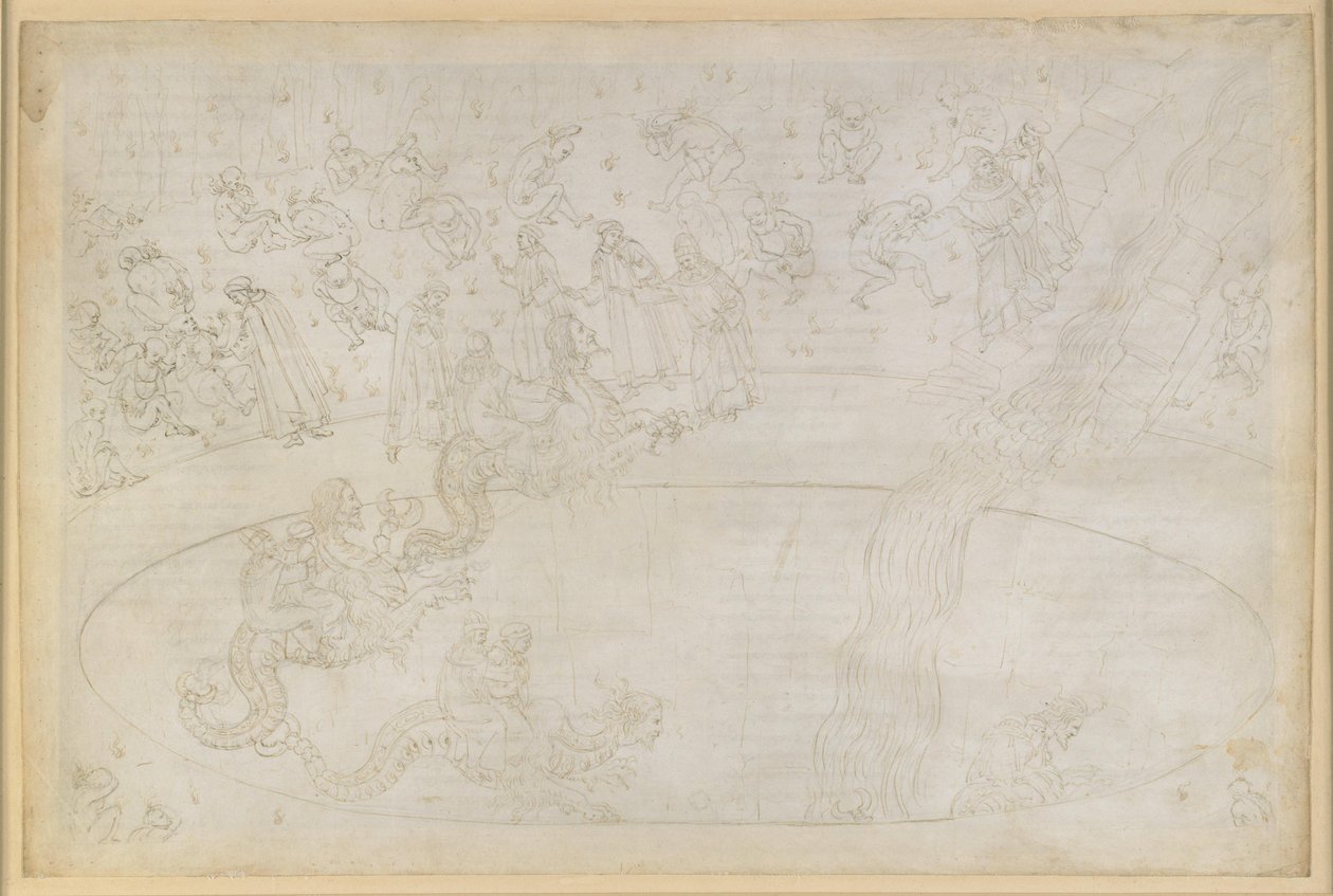 La Divina Commedia, Inferno XVII. Vergilius a Dante v sedmém kruhu pekla, 3. pás: Pachatelé násilných činů proti božskému řádu v ohnivé poušti, trest pro lichváře; sestup do hlubin na hřbetě Geryona od Sandro Botticelli