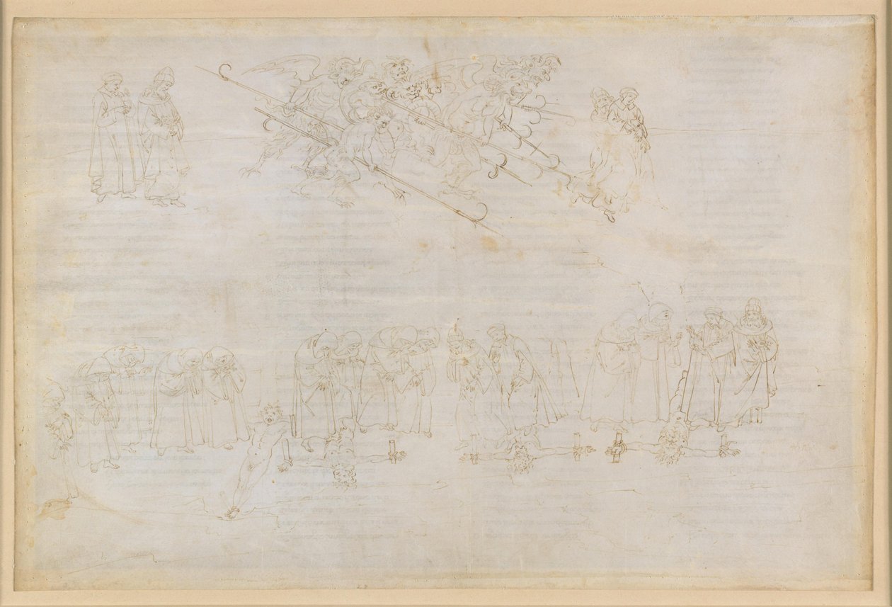 La Divina Commedia, Inferno XXIII. Vergilius a Dante v osmém kruhu pekla (Malebolge), 6. bolgia: Trest pro pokrytce od Sandro Botticelli