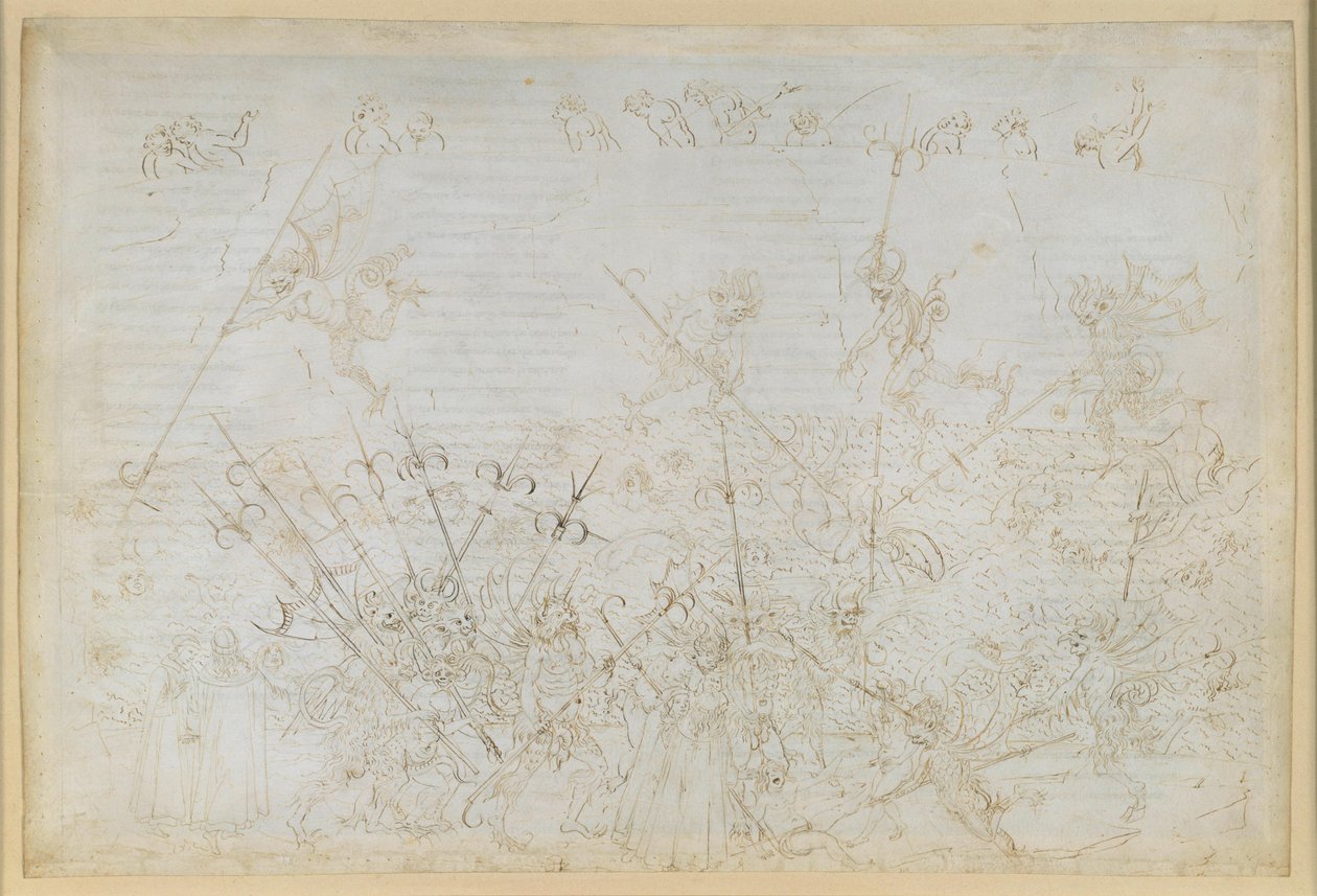 La Divina Commedia, Inferno XXII. Vergilius a Dante v osmém kruhu pekla (Malebolge), 5. bolgia: Trest pro zkorumpované; útěk Ciampola od Sandro Botticelli