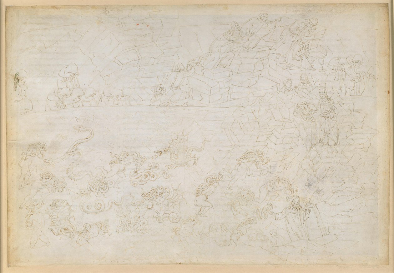 La Divina Commedia, Inferno XXIV. Vergilius a Dante v osmém kruhu pekla (Malebolge), 7. bolgia: Trest pro zloděje a lupiče; Proroctví Vanniho Fucciho od Sandro Botticelli