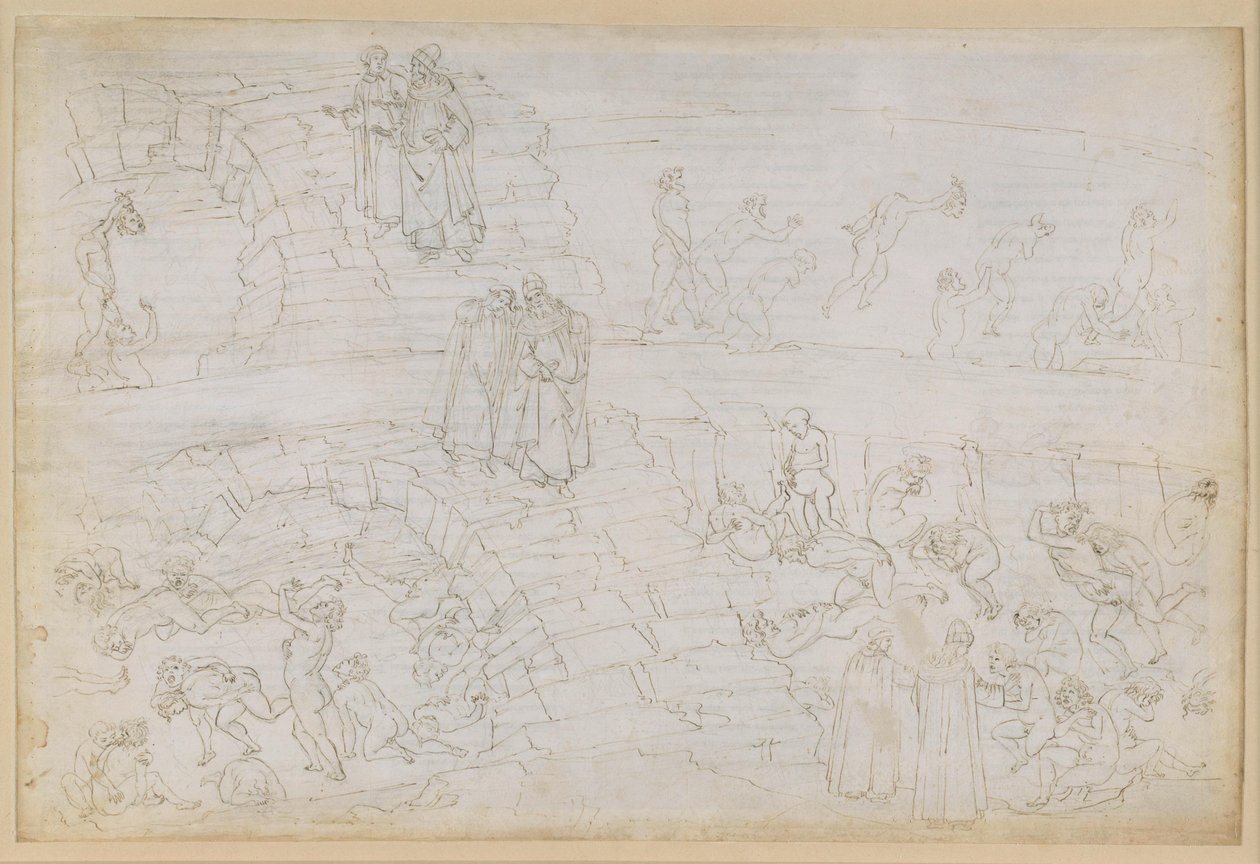 La Divina Commedia, Peklo XXIX. Vergilius a Dante v osmém kruhu pekla (Malebolge), 10. bolgia: Trest pro padělatele a alchymisty od Sandro Botticelli