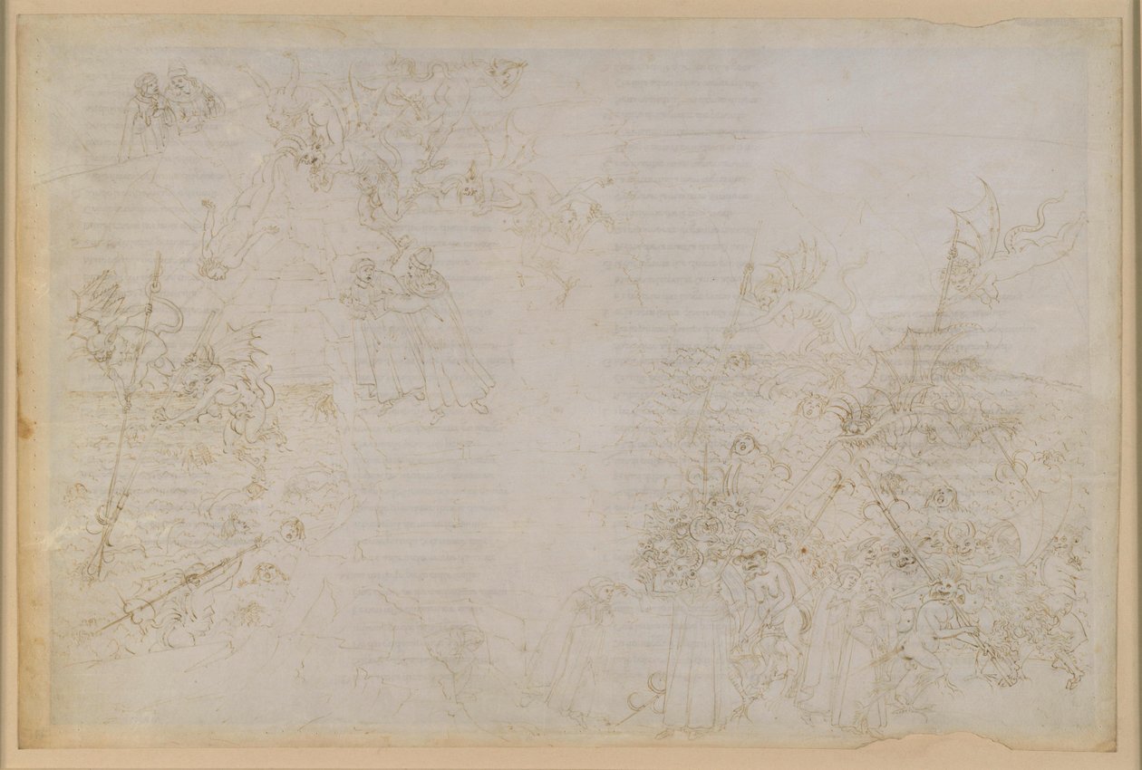 La Divina Commedia, Inferno XXI. Vergilius a Dante v osmém kruhu pekla (Malebolge), 5. bolgia: Trest pro zkorumpované úředníky; Průvod ďábly od Sandro Botticelli
