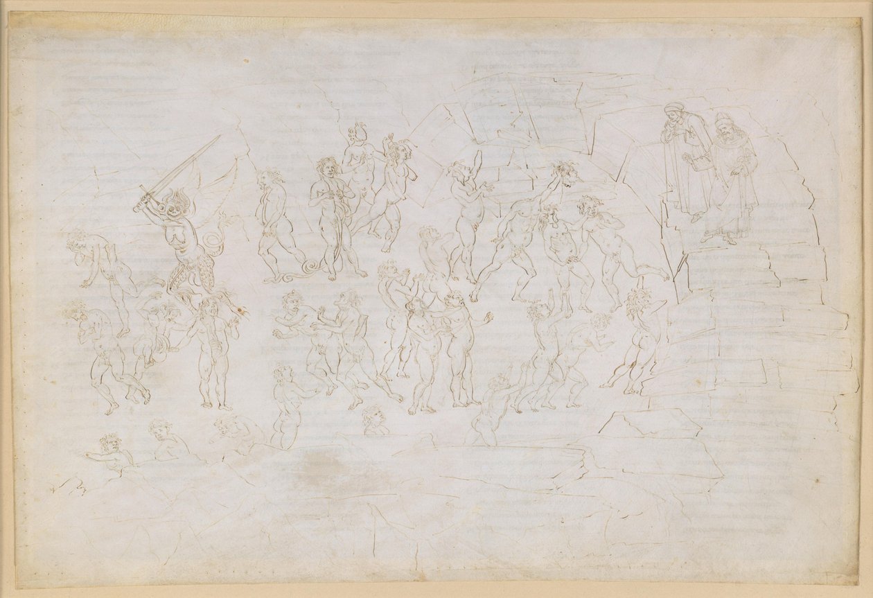 La Divina Commedia, Inferno XXVIII. Vergilius a Dante v osmém kruhu pekla (Malebolge), 9. bolgia: Trest pro kacíře a rozvraceče; setkání s Mohamedem a Bertranem de Bornem od Sandro Botticelli