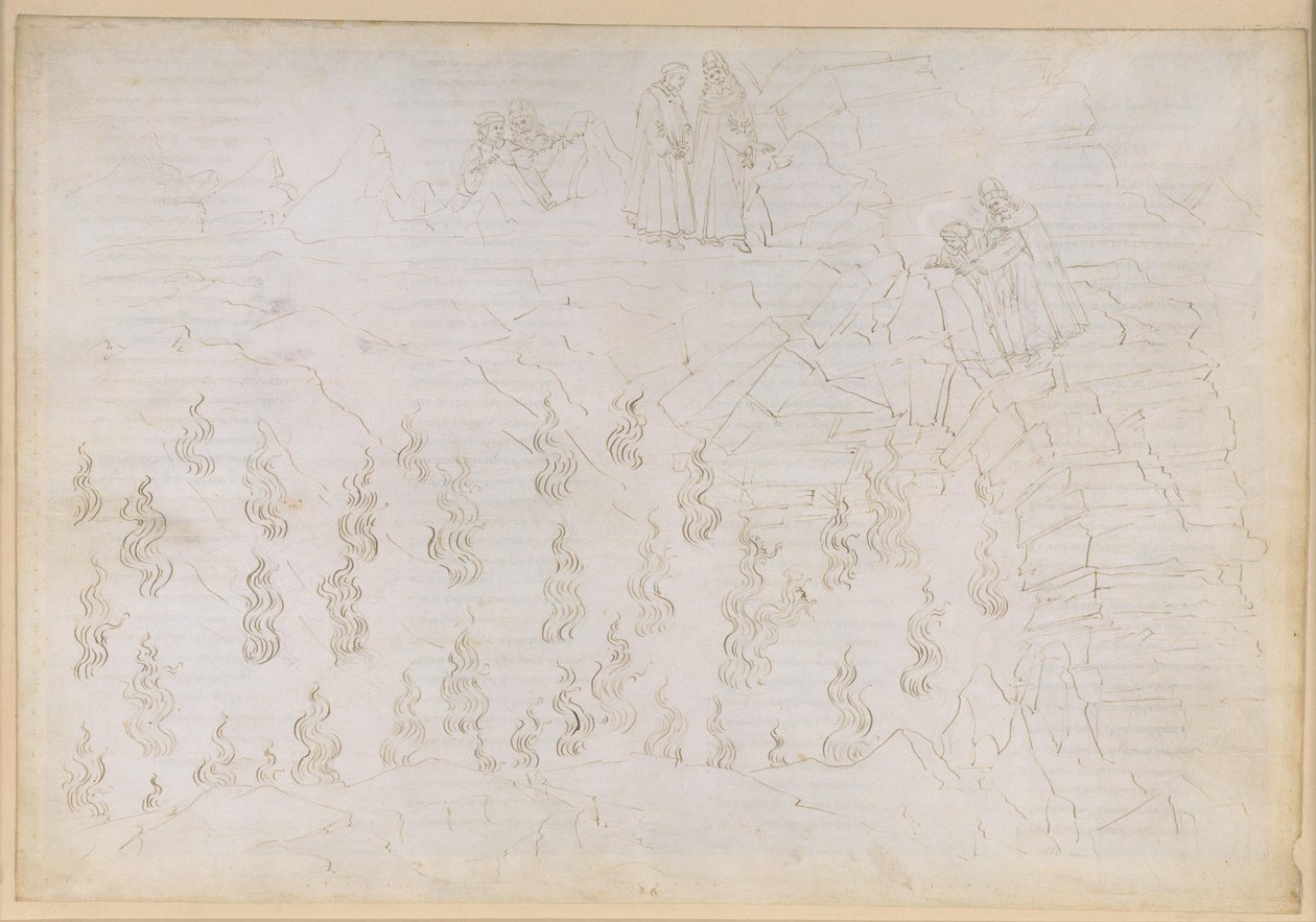 La Divina Commedia, Inferno XXVI. Vergilius a Dante v osmém kruhu pekla (Malebolge), 8. bolgia: Trest pro falešné rádce; rozhovor s Odysseem od Sandro Botticelli