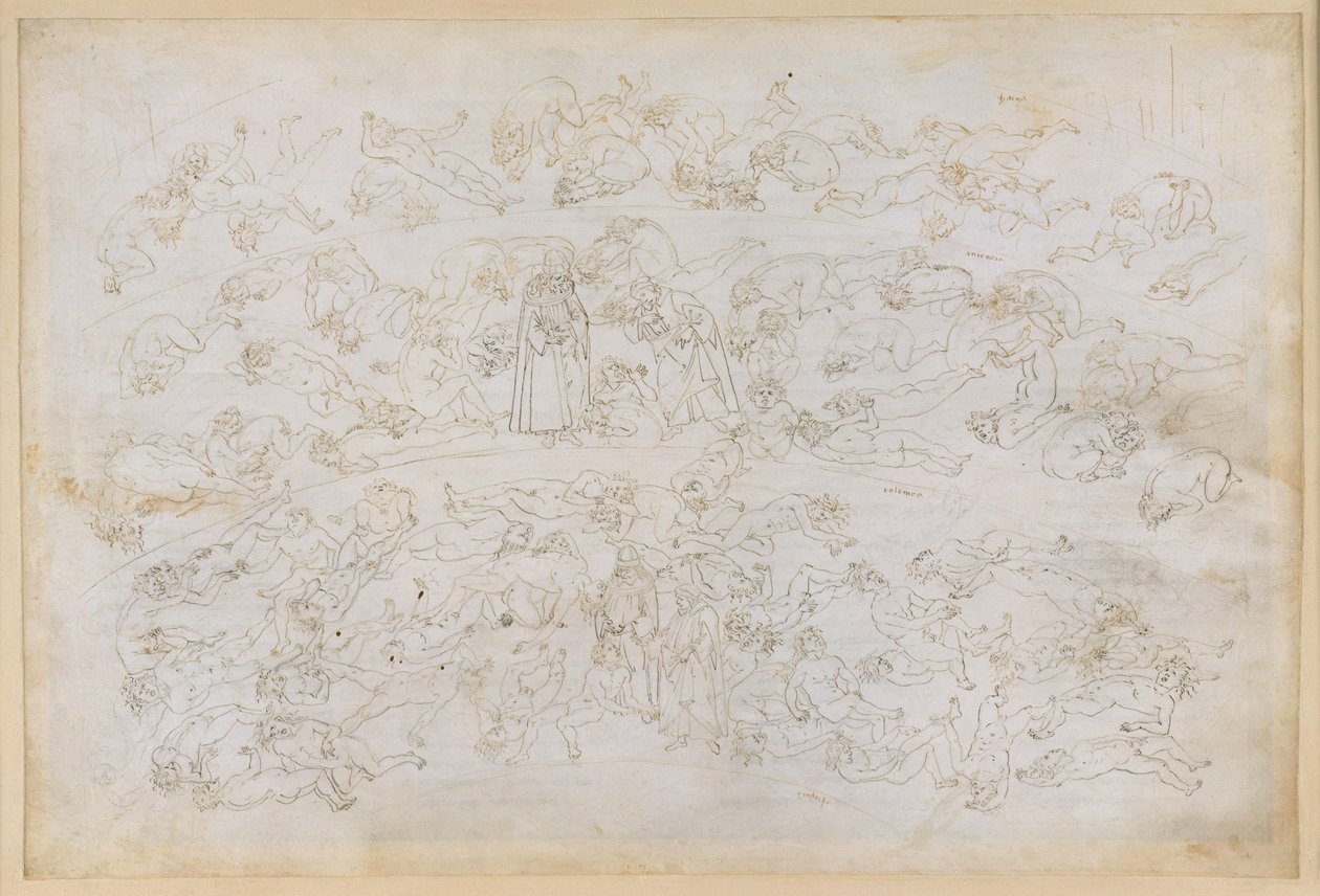 La Divina Commedia, Inferno XXXIII. Devátý kruh pekla (Cocytus), 3. pás: Vyznání hříchů hraběte Ugolina; trest pro zrádce hostitelů v ledu Ptolemäa od Sandro Botticelli