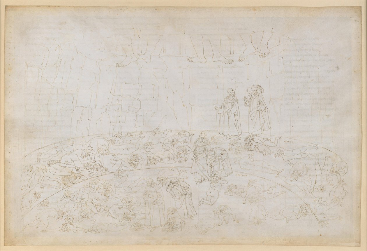 La Divina Commedia, Peklo XXXII. Devátý kruh (Cocytus), 1. a 2. pás: Trest pro zrádce příbuzných a vlasti v ledu Caina a Antenora od Sandro Botticelli