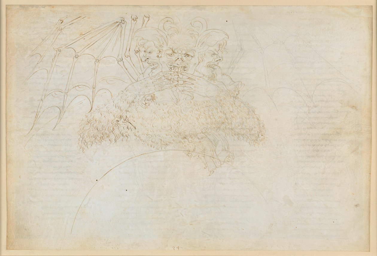 La Divina Commedia, Inferno XXXIV (1): Střed pekla: Lucifer drtící v ledu Giudeccy Jidáše, Bruta a Cassia od Sandro Botticelli