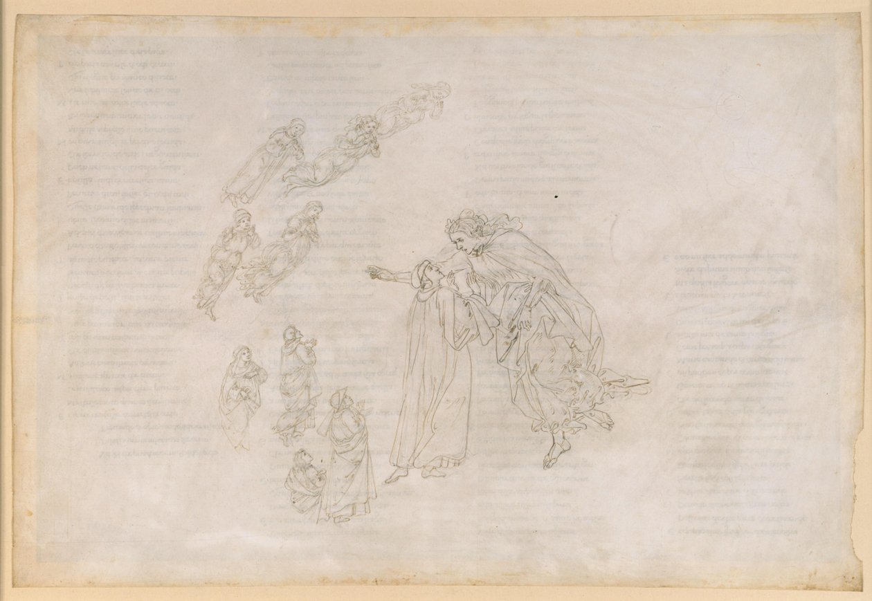 La Divina Commedia, Paradiso IV. První planetární sféra (měsíční nebe): Beatrice vysvětluje Dantemu, kde se vlastně nacházejí blažení od Sandro Botticelli