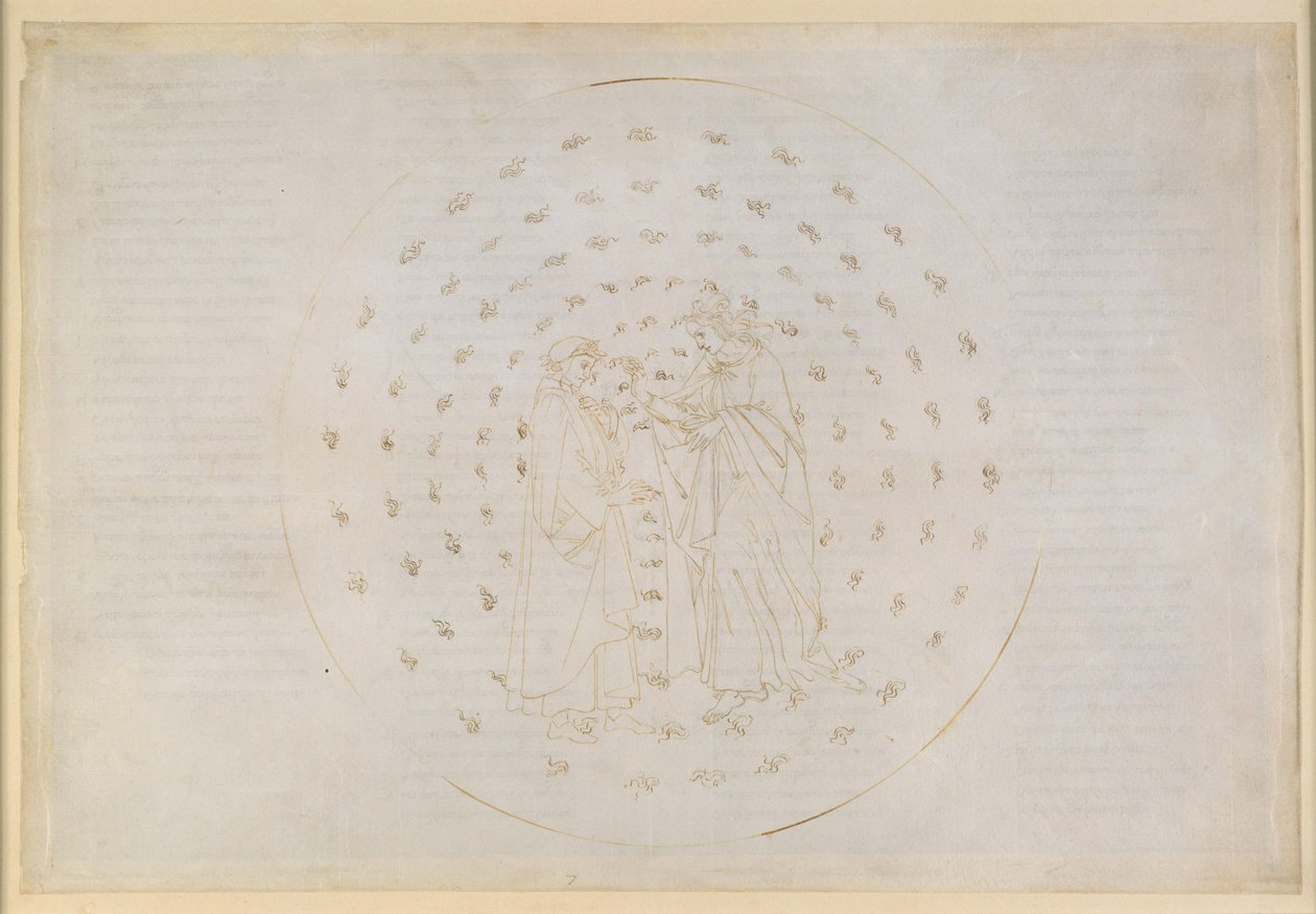La Divina Commedia, Paradiso VII. Druhá planetární sféra (nebe Merkuru): Beatrice seznamuje Danteho s obtížnými otázkami božské spravedlnosti, lidské dědičné viny a vykoupení skrze Kristovu smrt od Sandro Botticelli