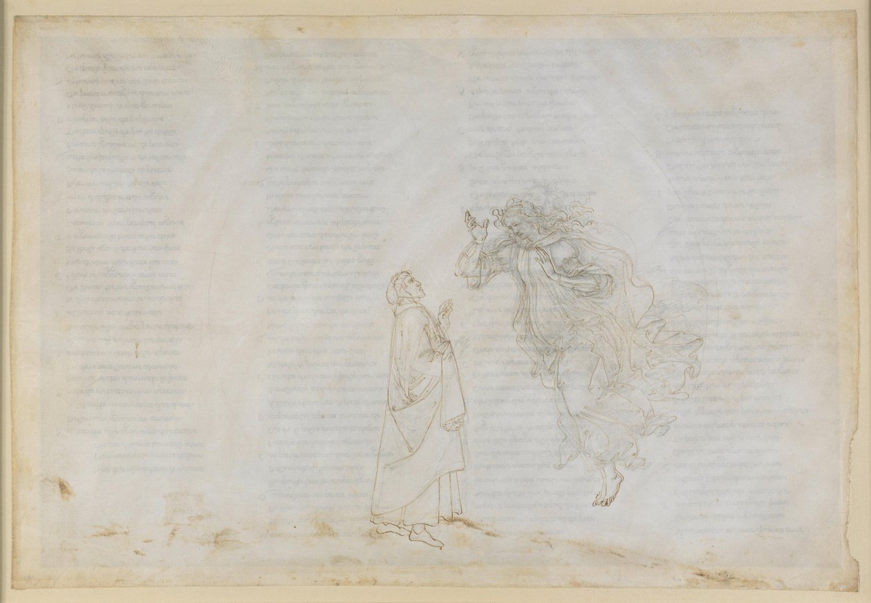 La Divina Commedia, Paradiso V. První sféra (měsíční nebe): Beatrice vysvětluje Dantovi zásady církevního dispensu; vzlet do sféry Marsu od Sandro Botticelli