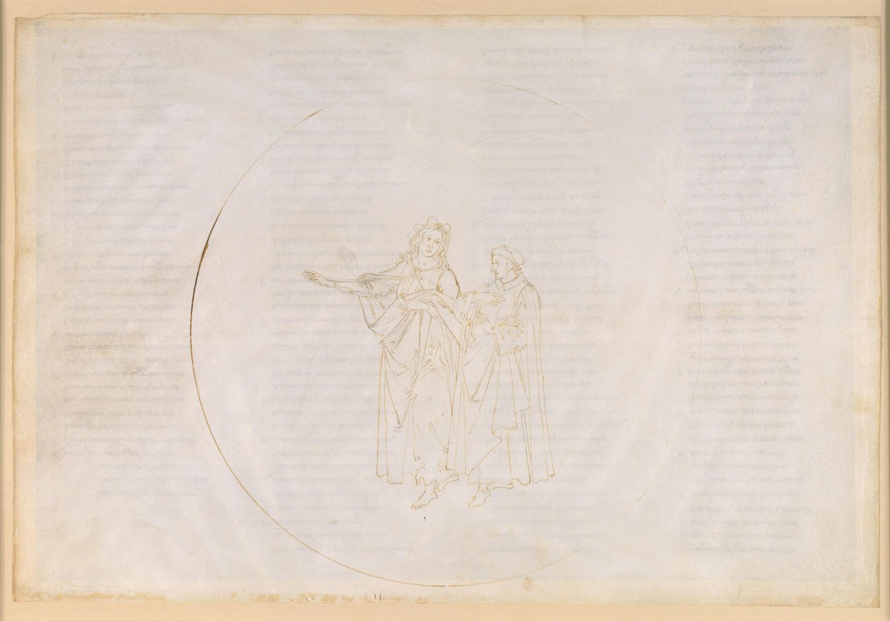 La Divina Commedia, Paradiso XI. Čtvrtá planetární sféra (sluneční nebe): Tomáš Akvinský před Dantem chválí dílo Františka z Assisi a lituje světského směřování svého vlastního řádu, dominikánů od Sandro Botticelli