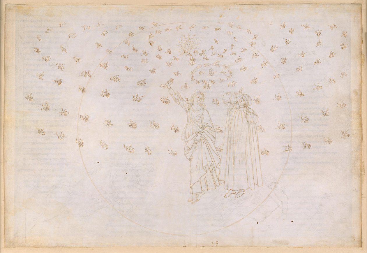 La Divina Commedia, Paradiso XXIII. Osmá sféra (nebe s pevnými hvězdami): Vize Kristova triumfu; Dante vidí Beatrice v její skutečné podobě; Mariánský tanec a dvanáct apoštolů od Sandro Botticelli