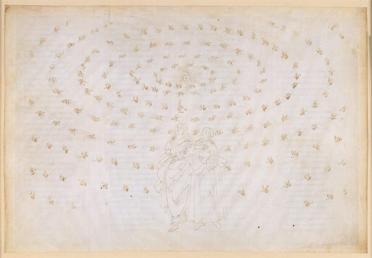La Divina Commedia, Paradiso XXIV. Osmá sféra (nebe pevných hvězd): Beatrice prosí Petra, aby prověřil jejího žáka v pravé víře, která je první teologickou ctností; Danteho vyznání víry od Sandro Botticelli