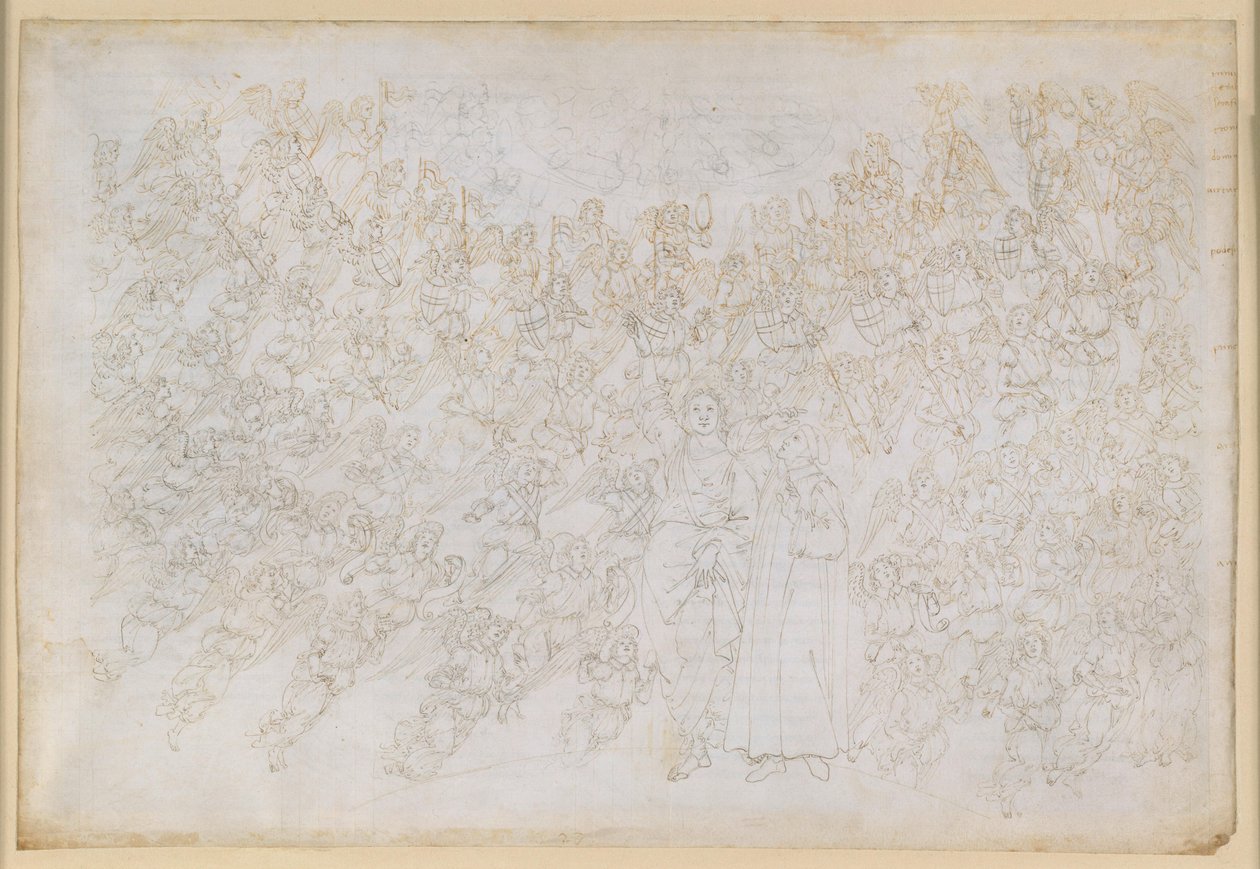 La Divina Commedia, Paradiso XXVIII. Devátá sféra (Křišťálová obloha neboli Primum Mobile): Dante vidí Boha jako jasně zářící bod, kolem něhož krouží sbory andělů; Beatrice vysvětluje hierarchii a působící síly této sféry od Sandro Botticelli