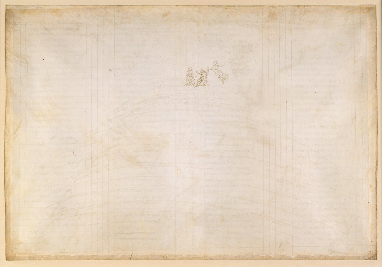 La Divina Commedia, Paradiso XXXII. Empyreum: Bernard z Clairvaux vysvětluje strukturu nebeské růže; Dantovo zjevení Panny Marie od Sandro Botticelli