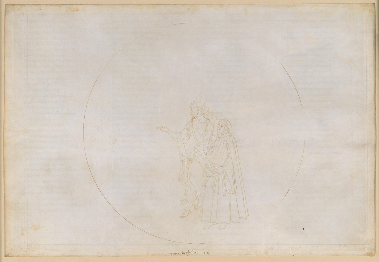 La Divina Commedia, Paradiso XX. Šestá planetární sféra (Jupiterovo nebe): Orel pojmenovává plameny, které tvoří jeho oko, mezi nimiž jsou dva pohané, čímž se Danteho pochybnosti prohloubí a nakonec rozptýlí od Sandro Botticelli