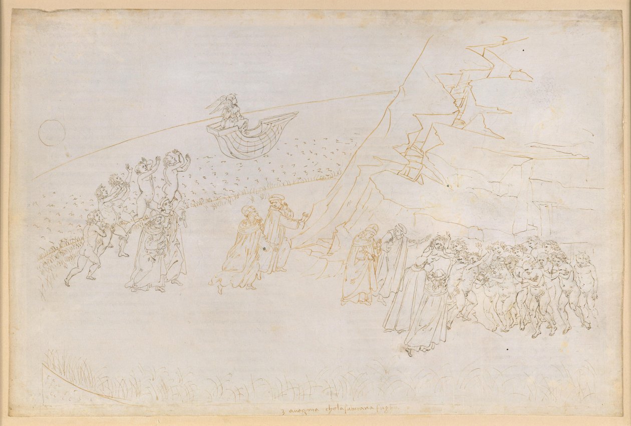 La Divina Commedia, Purgatorio III. Předočistec (Inselring): Pokání těch, kteří zemřeli v exkomunikaci; rozhovor s Manfredem z Hohenstaufenu od Sandro Botticelli