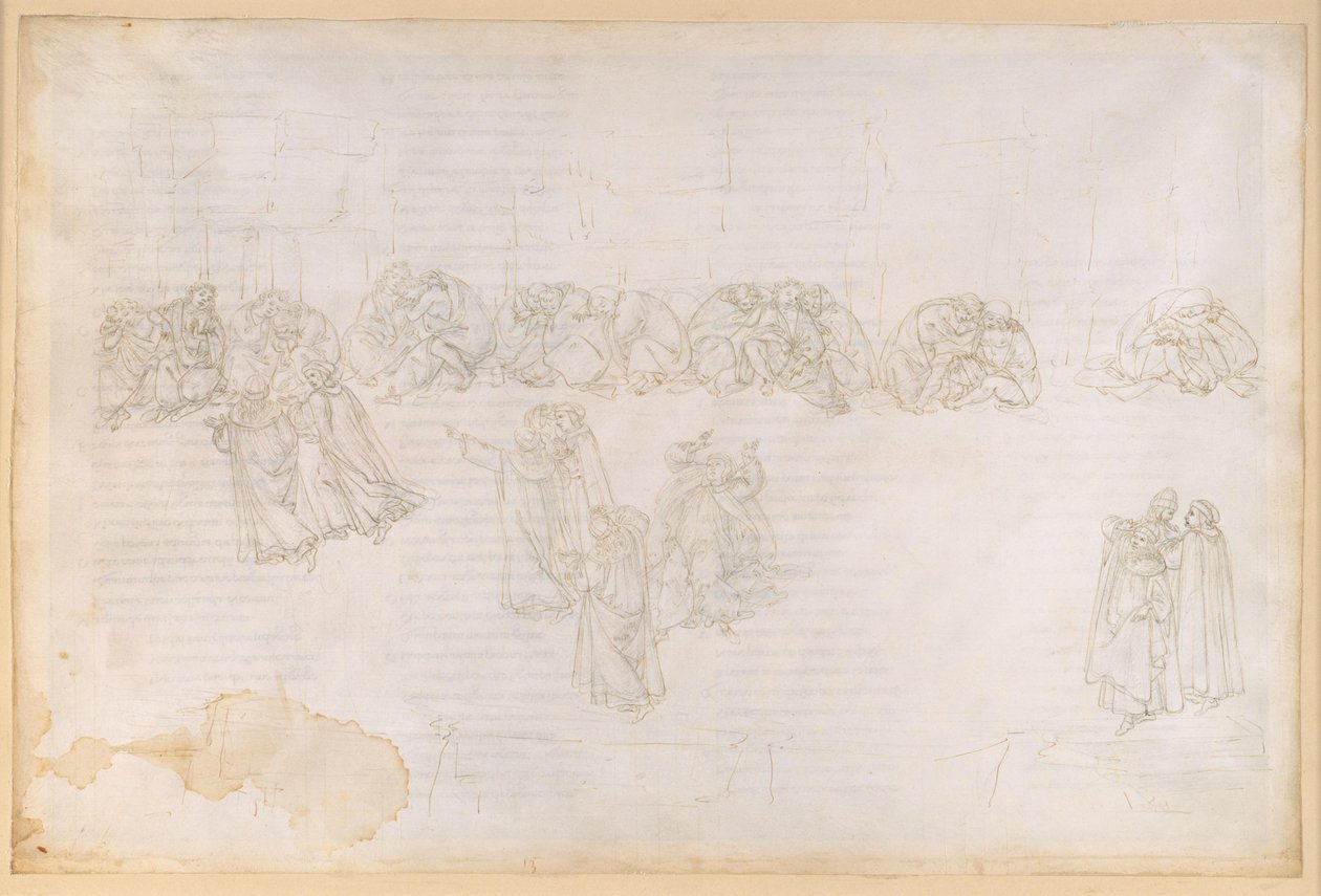 La Divina Commedia, Purgatorio XIII. Druhý kruh očistce: pokání za závist a škodolibost; rozhovor se Sapií Salvaniovou od Sandro Botticelli