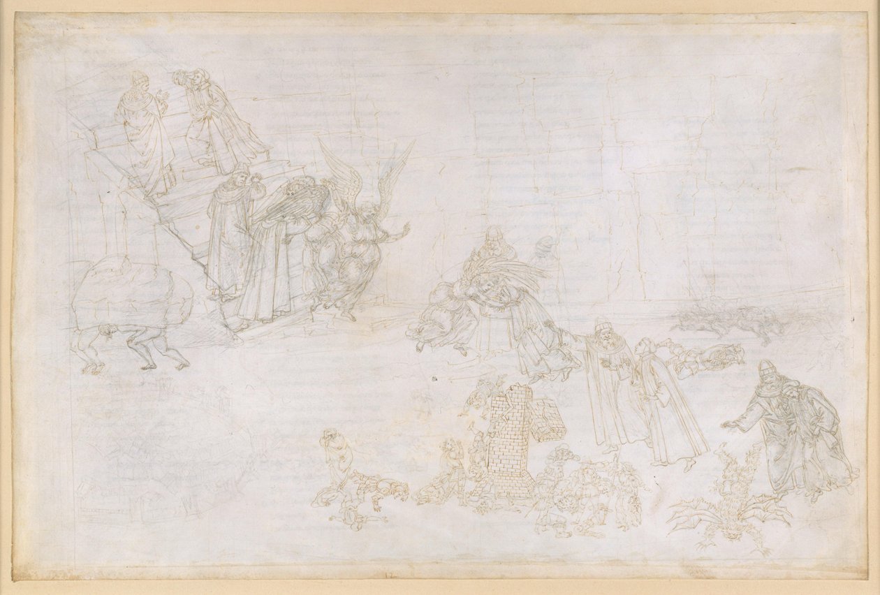 La Divina Commedia, Purgatorio XII. První kruh očistce: obrazy trestu za pýchu; anděl před schody vedoucími do druhého kruhu od Sandro Botticelli