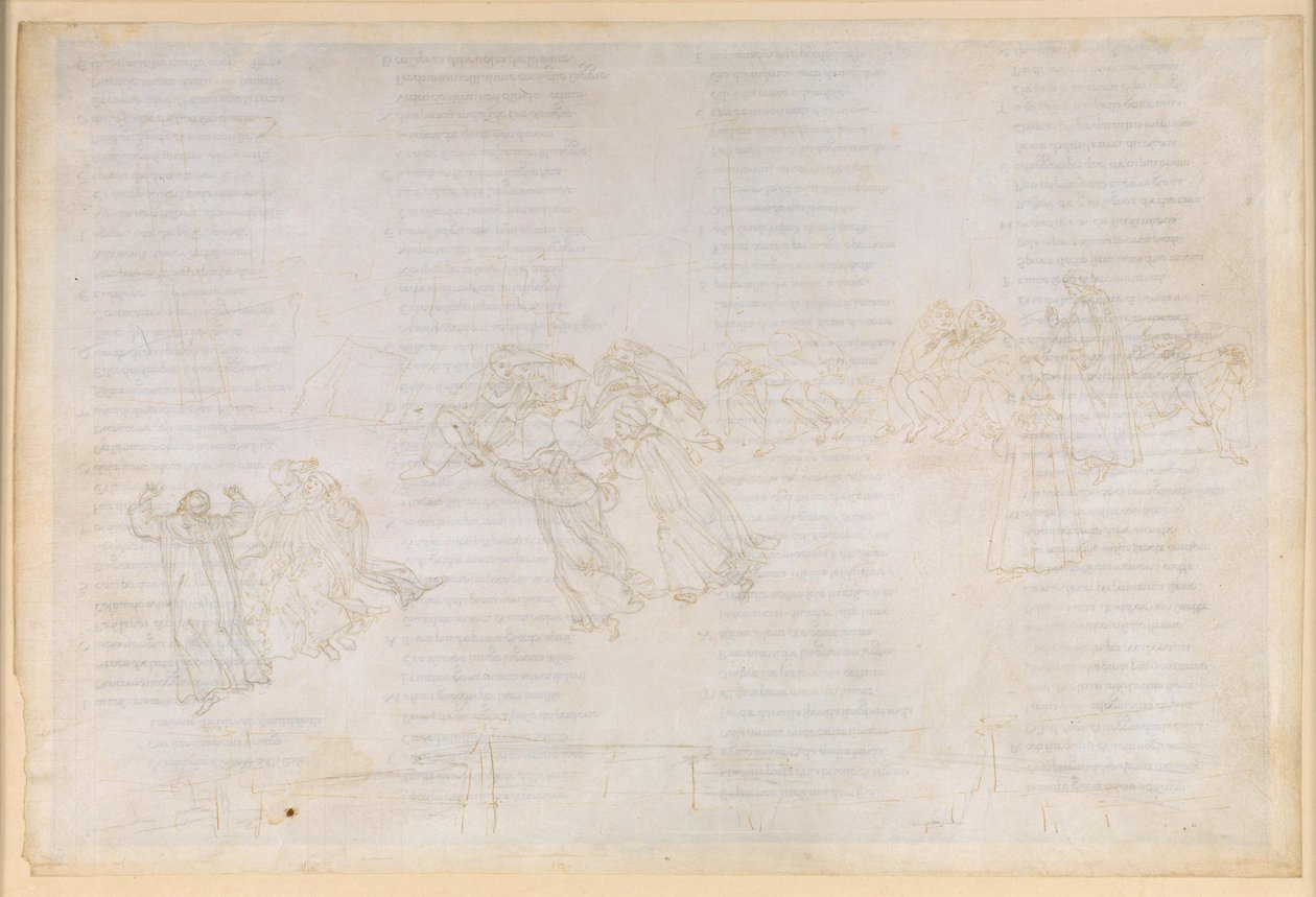 La Divina Commedia, Purgatorio XIV. Druhý kruh očistce: pokání za závist a škodolibost; rozhovor mezi Guidem del Ducou a Rinierim da Calbolim od Sandro Botticelli
