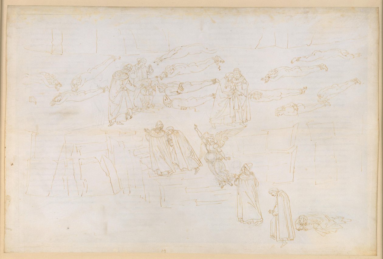 La Divina Commedia, Purgatorio XIX. Výstup do pátého kruhu očistce: Danteův sen o Sirénách; pokání chamtivých a rozmařilců; rozhovor s Hadriánem V. od Sandro Botticelli