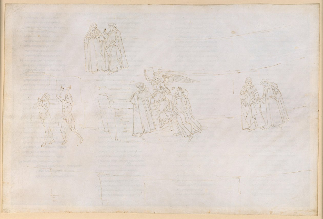 La Divina Commedia, Purgatorio XVII. Výstup do čtvrtého kruhu očistce: Vergilius vysvětluje Dantovi, co je to očistec od Sandro Botticelli