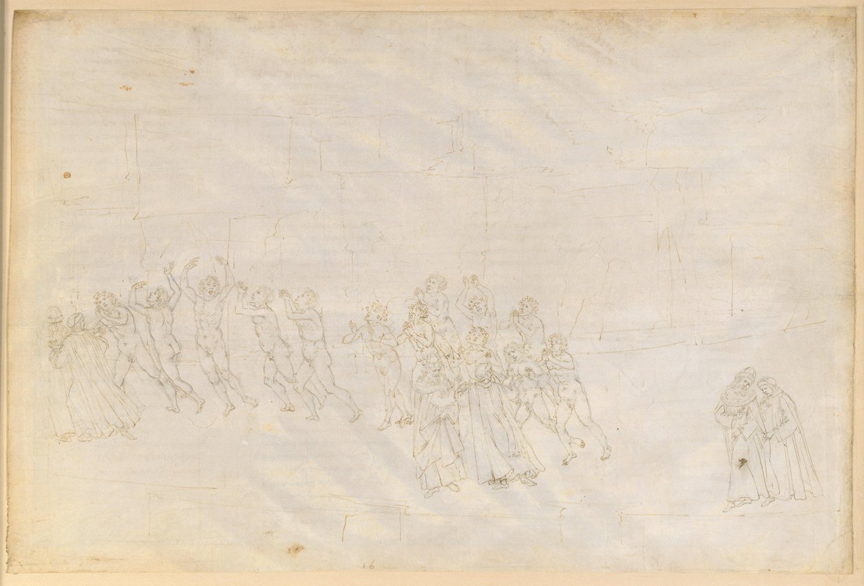La Divina Commedia, Purgatorio XVI. Třetí kruh očistce: pokání hněvivých; Danteho rozhovor s Marcem Lombardem od Sandro Botticelli
