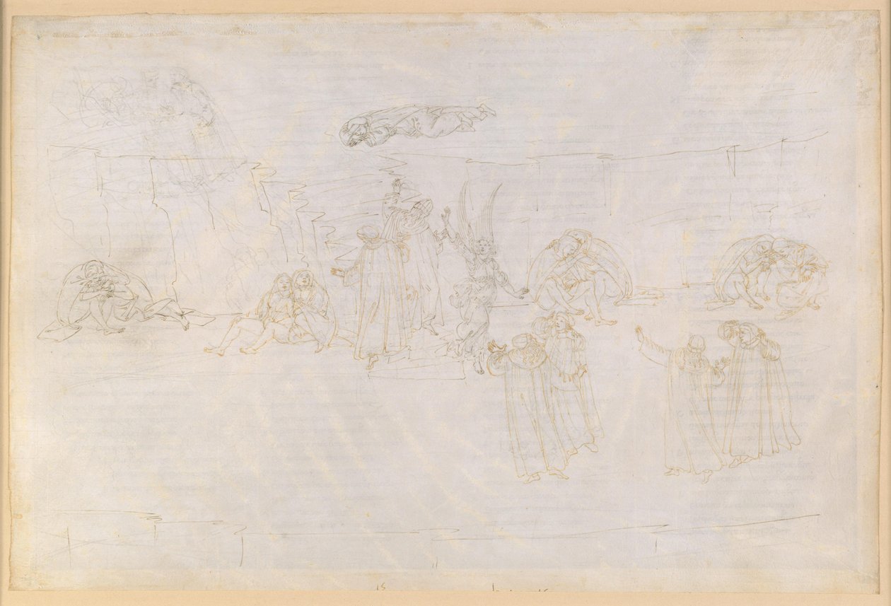 La Divina Commedia, Purgatorio XV. Výstup do třetího kruhu očistce: Anděl před schodištěm; Dantovy vize o mírnosti od Sandro Botticelli