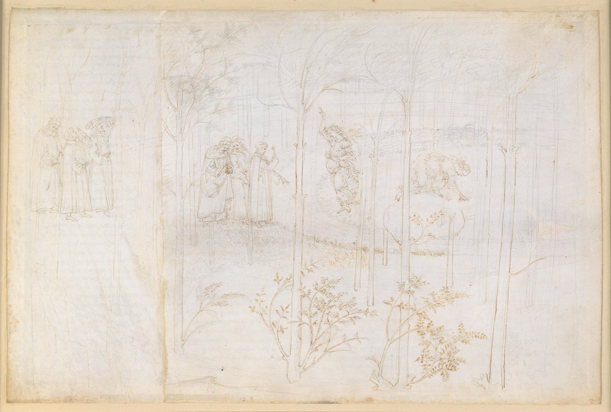 La Divina Commedia, Purgatorio XXVIII. Pozemský ráj: Dante a Matelda u řeky Léthe od Sandro Botticelli