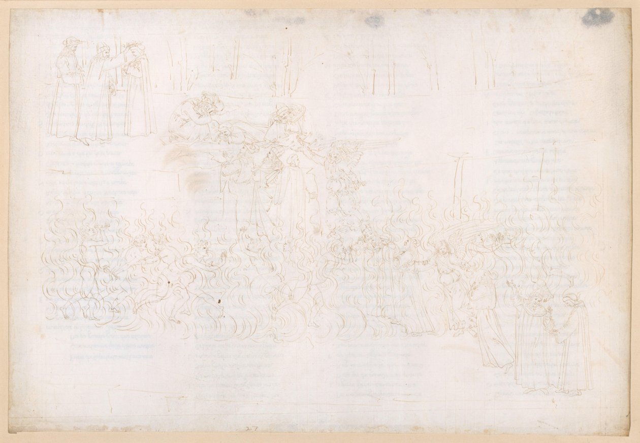 La Divina Commedia, Purgatorio XXVII. Výstup do pozemského ráje: Cesta ohněm; Sen na schodech pozemského ráje; Danteovo korunování od Sandro Botticelli