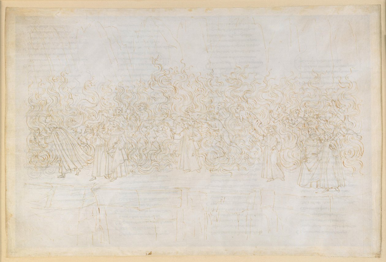 La Divina Commedia, Purgatorio XXVI. Sedmý kruh očistce: Pokání smilníků; Danteho rozhovor s Guidem Guinizellim od Sandro Botticelli