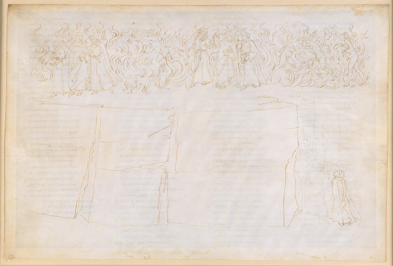 La Divina Commedia, Purgatorio XXV. Výstup do sedmého kruhu očistce: poučení o tělesné podstatě stínů; pokání smilníků od Sandro Botticelli