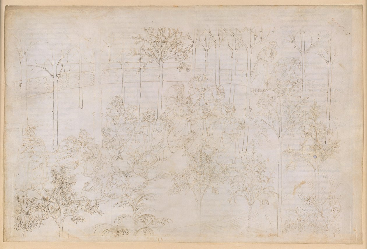 La Divina Commedia, Purgatorio XXXIII. Pozemský ráj: Beatrice v kruhu ctností; Odchod; Dante se koupe v řece Eunoe od Sandro Botticelli