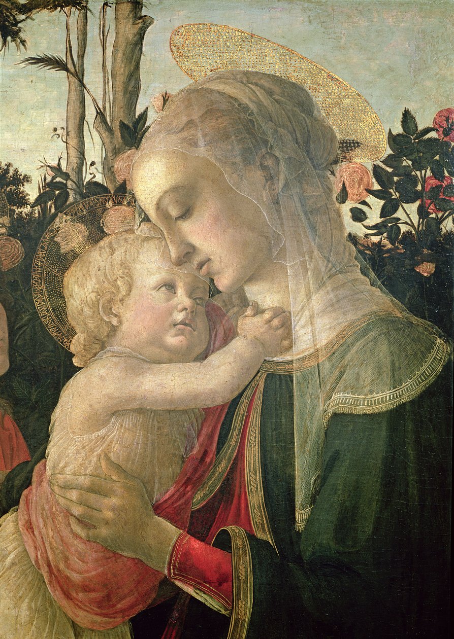 Madona s dítětem se sv. Janem Křtitelem, detail Madony s dítětem olej na panelu detail z 93886 od Sandro Botticelli