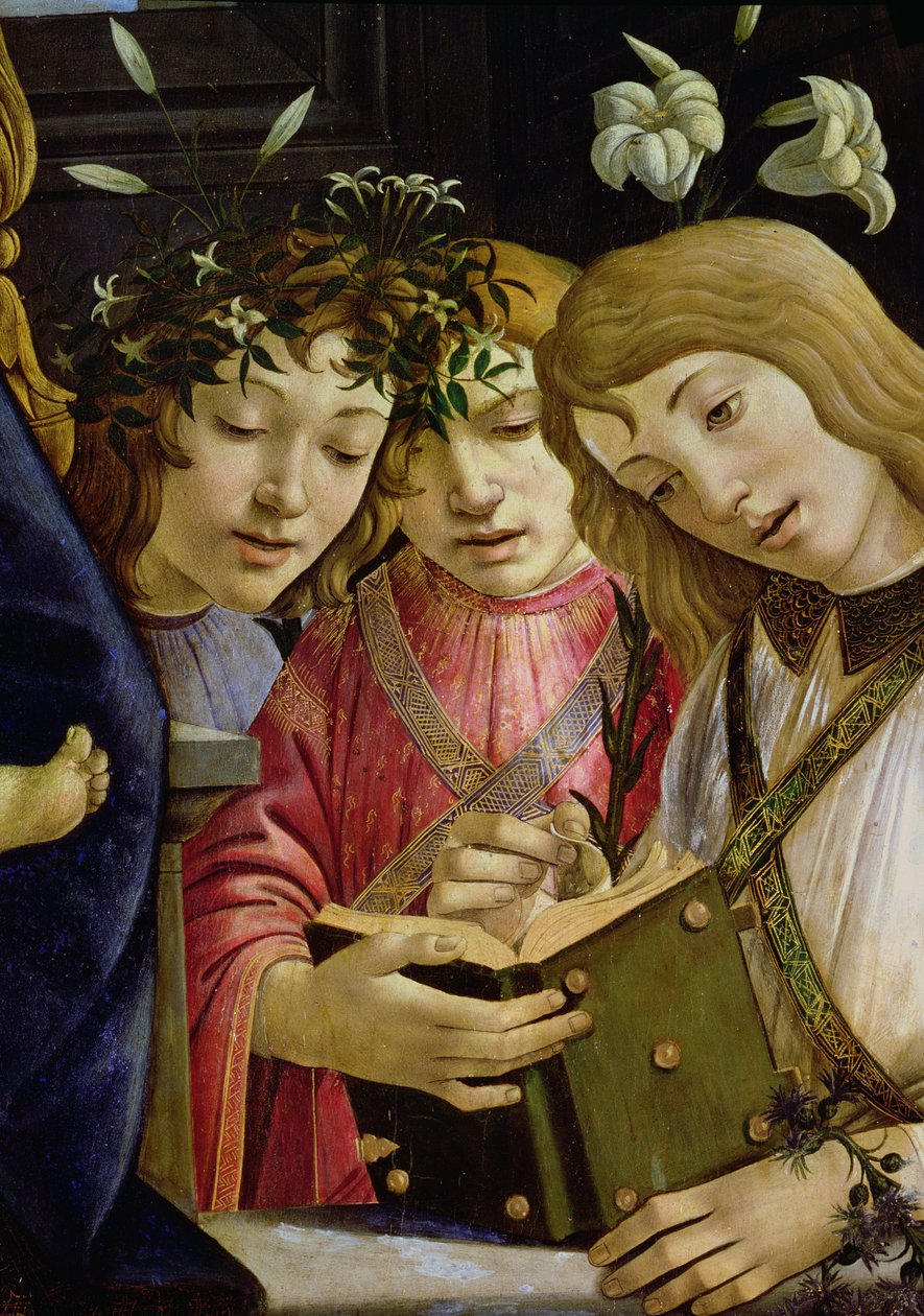 Madona a dítě s mladým svatým Janem Křtitelem a anděly: detail zobrazující detail panelu tří andělů 44353 od Sandro Botticelli