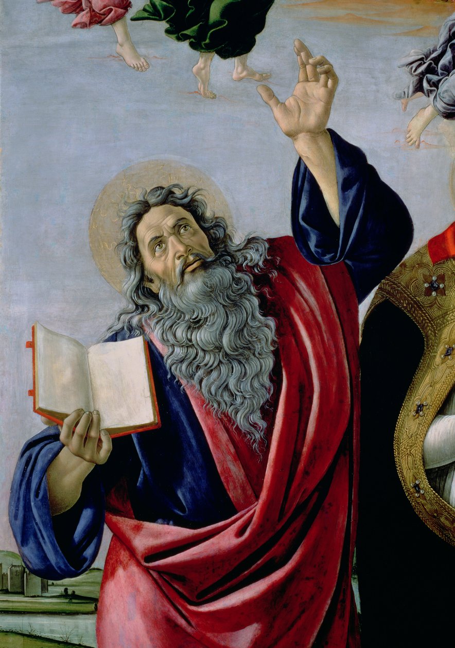 Sv. Jan Evangelista, z Korunovace Panny Marie Oltářní obraz sv. Marka, kolem 1488-90 tempera na detailu desky 44363 od Sandro Botticelli