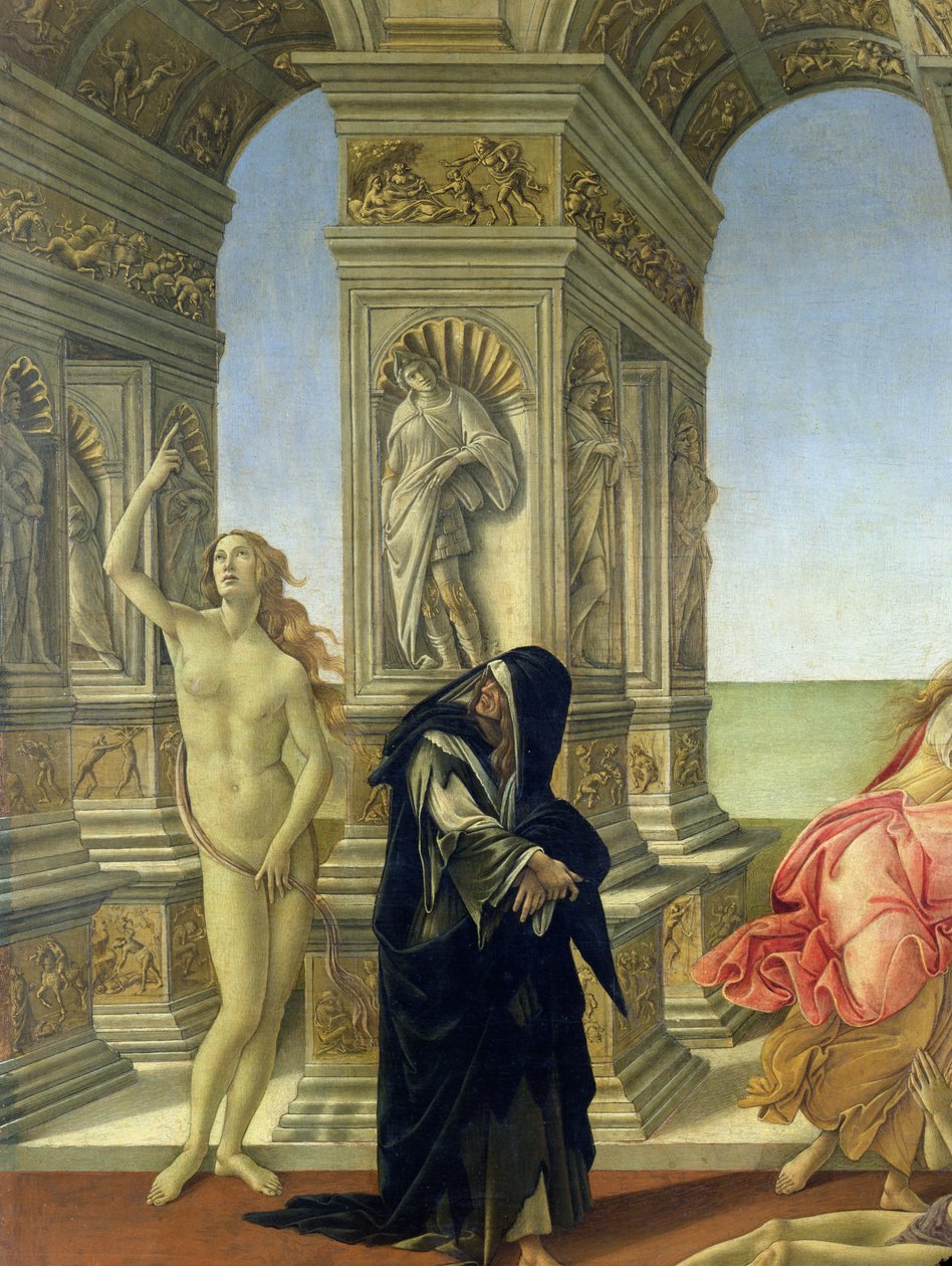 Pomluva z Apelles; detail zobrazující nahou postavu Pravdy ukazující k nebi a Pokání oděnou do otrhaného dominikánského hábitu, 1497-98 detail 31582 od Sandro Botticelli
