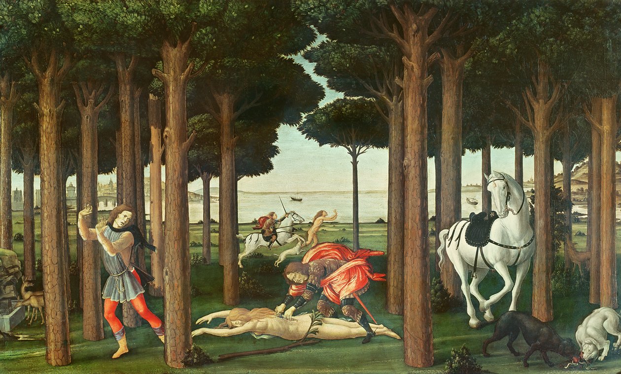 Vykuchání pronásledované ženy: Scéna II z Příběhu Nastagio degli Onesti, kolem roku 1483 (tempera na panelu) od Sandro Botticelli