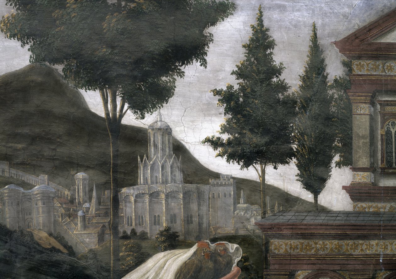 Očištění malomocného a pokušení Krista, v Sixtinské kapli: detail imaginárního města v krajině, freska z roku 1481 od Sandro Botticelli