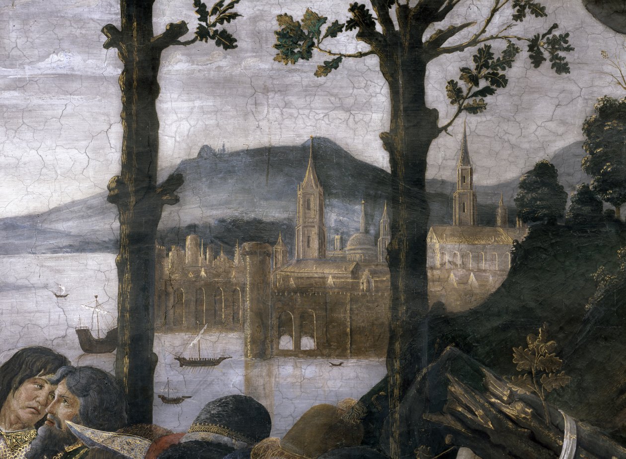 Očištění malomocného a pokušení Krista, v Sixtinské kapli: detail imaginárního přístavního města v krajině, freska z roku 1481 od Sandro Botticelli