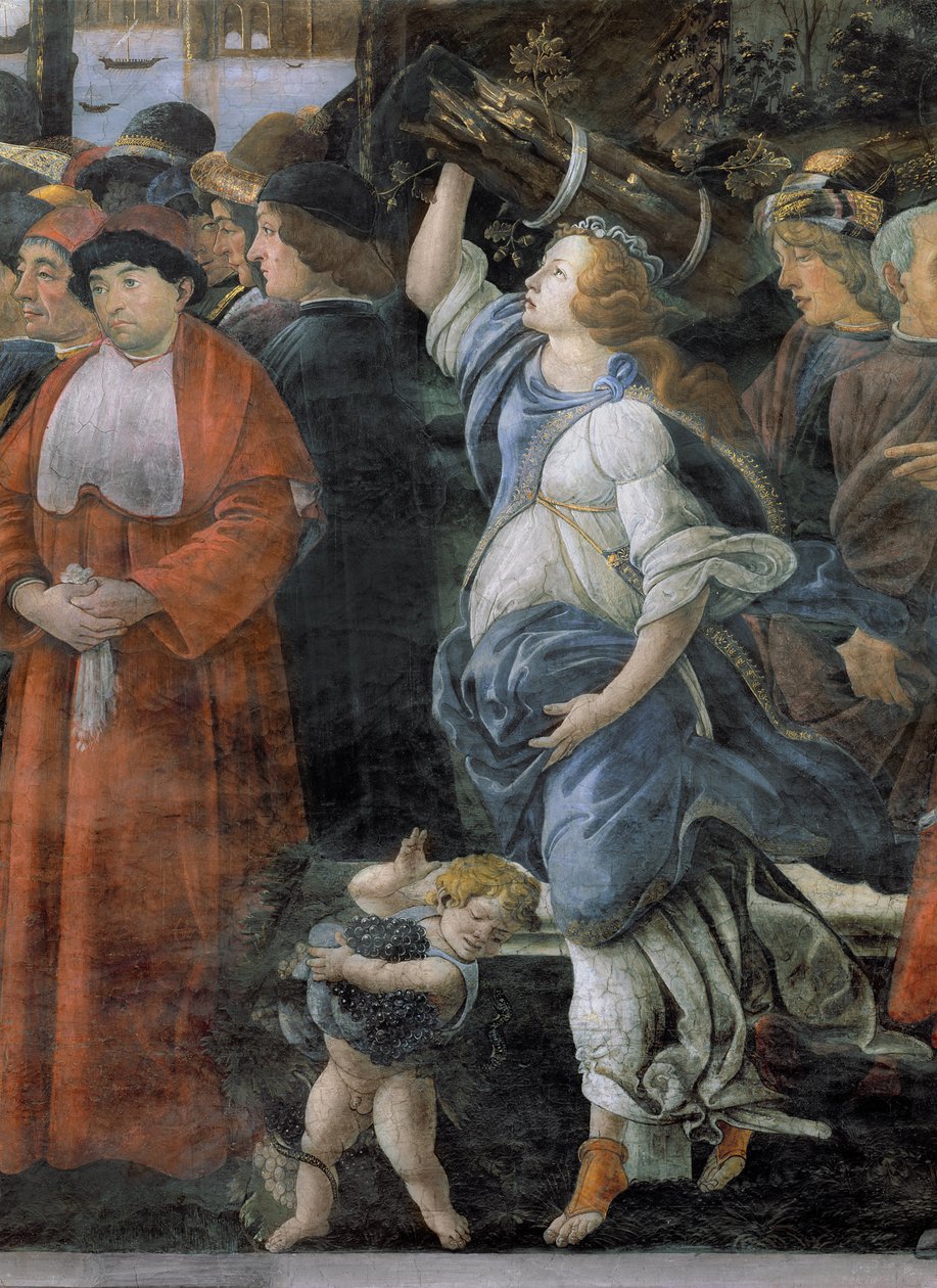 Očištění malomocného a pokušení Krista, v Sixtinské kapli: detail ženy nesoucí dříví a malého chlapce nesoucího hrozny, freska z roku 1481 od Sandro Botticelli