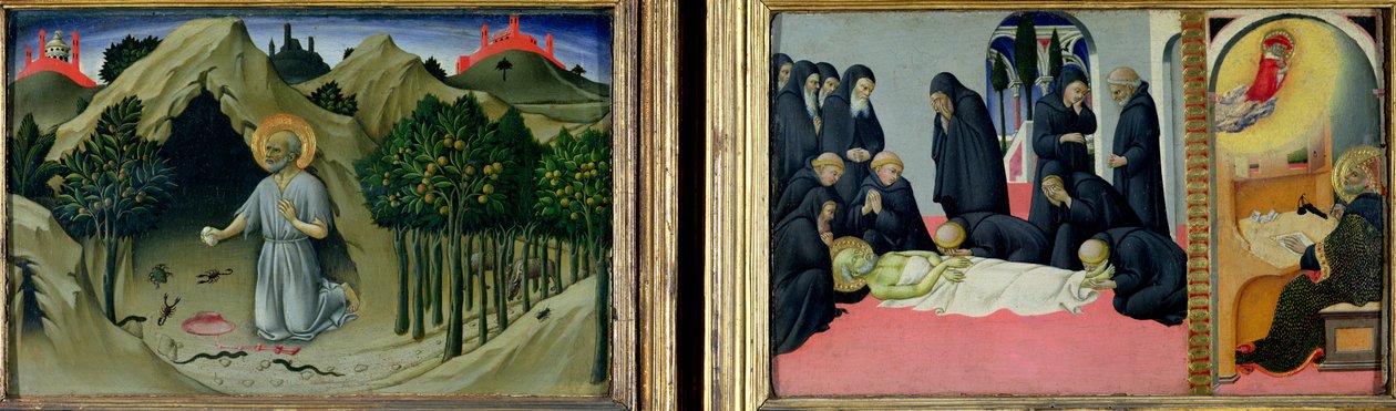 Kajícnost svatého Jeronýma a smrt a zjevení svatého Jeronýma svatému Cyrilu Jeruzalémskému, 1444 od Sano di Pietro