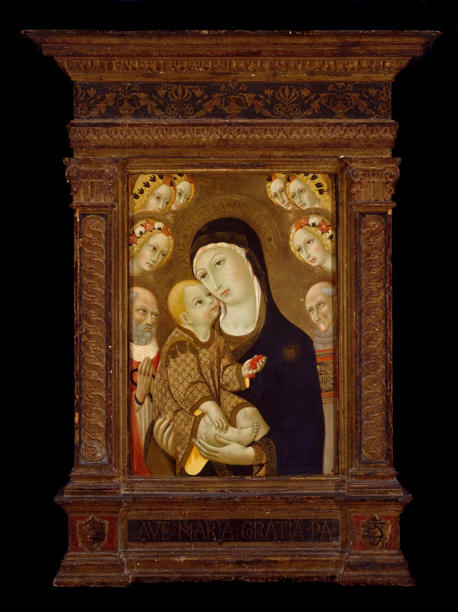 Madona s dítětem se svatým Jeronýmem, svatým Bernardinem a šesti anděly, kolem 1460 (tempera a plátkové zlato na panelu) od Sano di Pietro