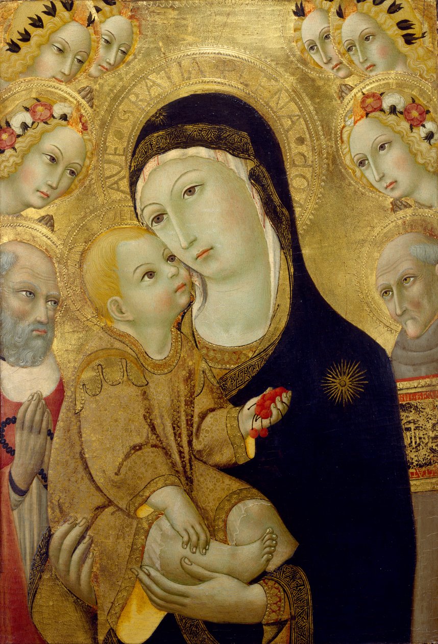 Panna s dítětem se svatými Jeronýmem a Bernardinem ze Sieny a Šest andělů, 60. léta 14. století (tempera a plátkové zlato na dřevě) od Sano di Pietro
