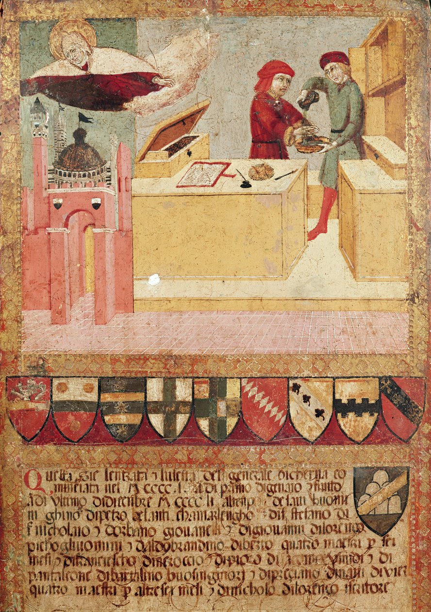 Biccherna ukazující Camerlenga, jak si myje ruce, a Pannu chránící Sienu, 1451 od Sano di Pietro