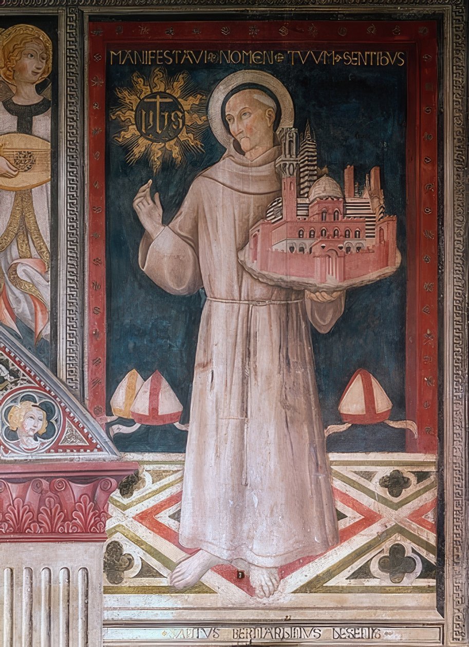 Svatý Bernardýn Sienský s modelem města Siena od Sano di Pietro