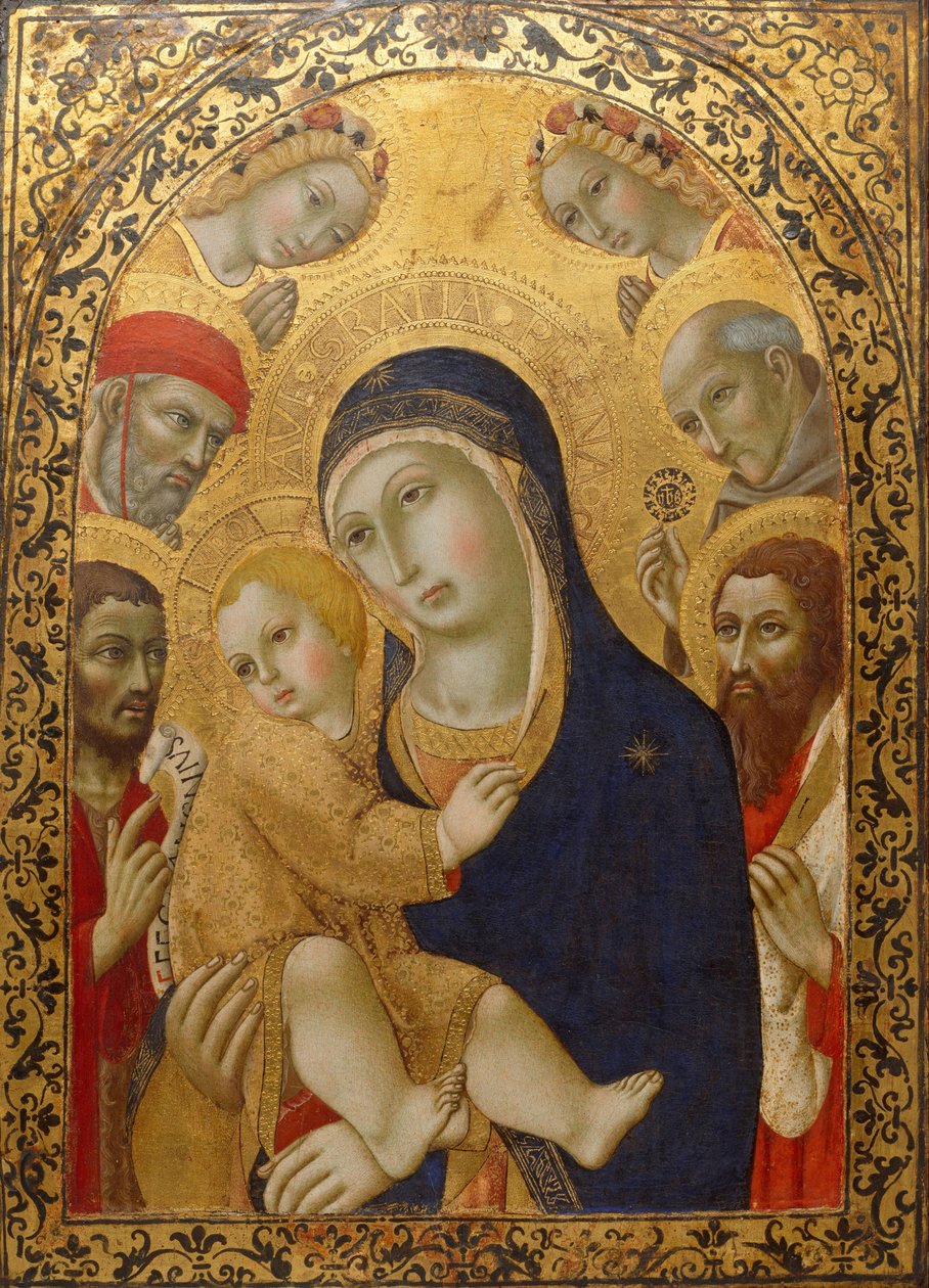Madona s dítětem se svatými Jeronýmem, Janem Křtitelem, Bernardinem a Bartolomějem, cca 1450-1475 od Sano di Pietro
