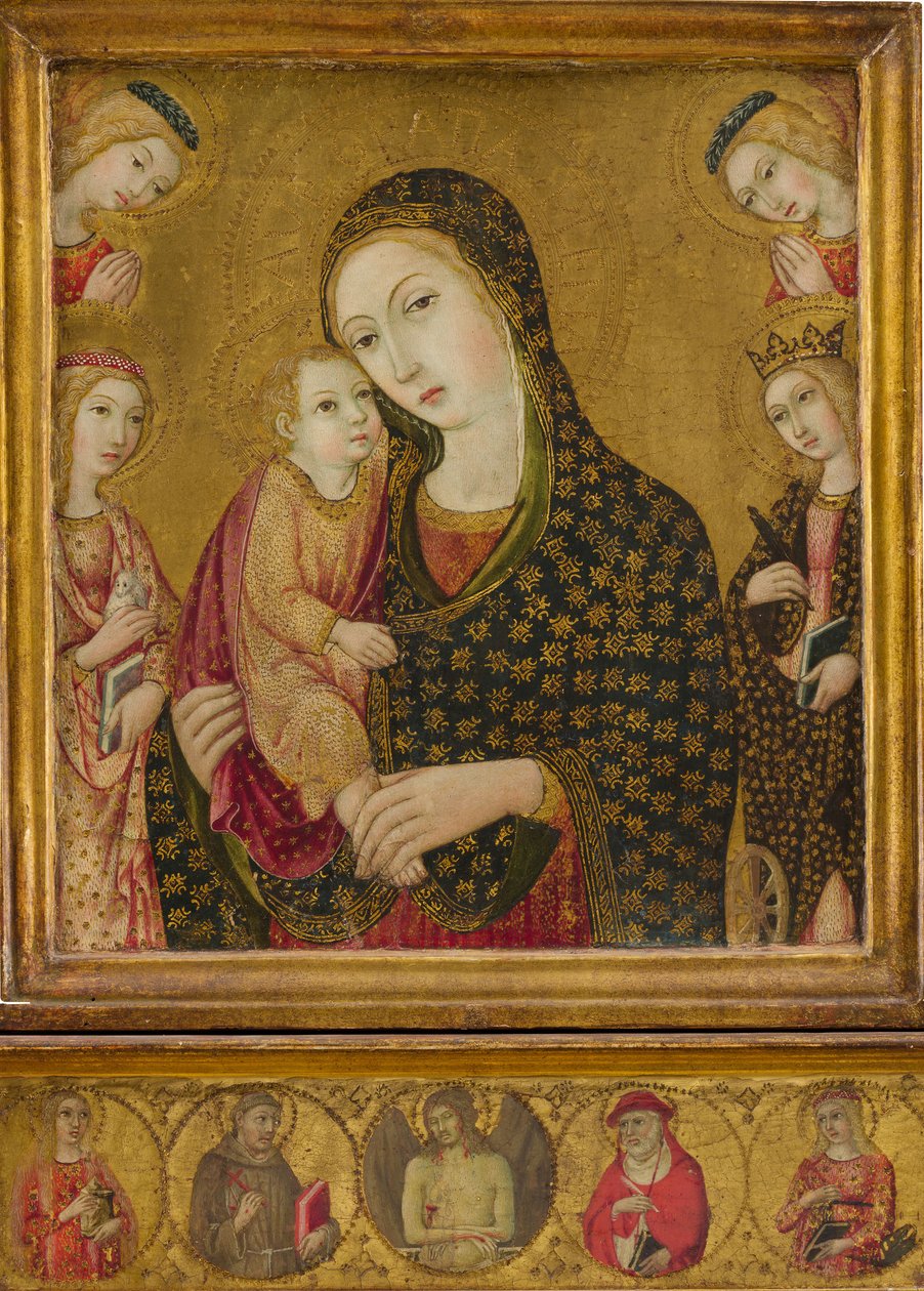 Madonna a dítě s mrtvým Kristem, svaté Anežky a Kateřiny Alexandrijské...ca. 1470-80. od Sano di Pietro