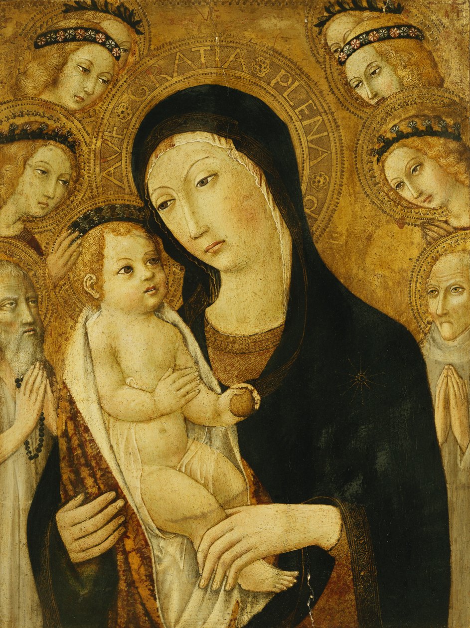 Madona s dítětem, se svatými Anthony Abbottem a Bernadino ze Sieny, obklopeni anděly, od Sano di Pietro