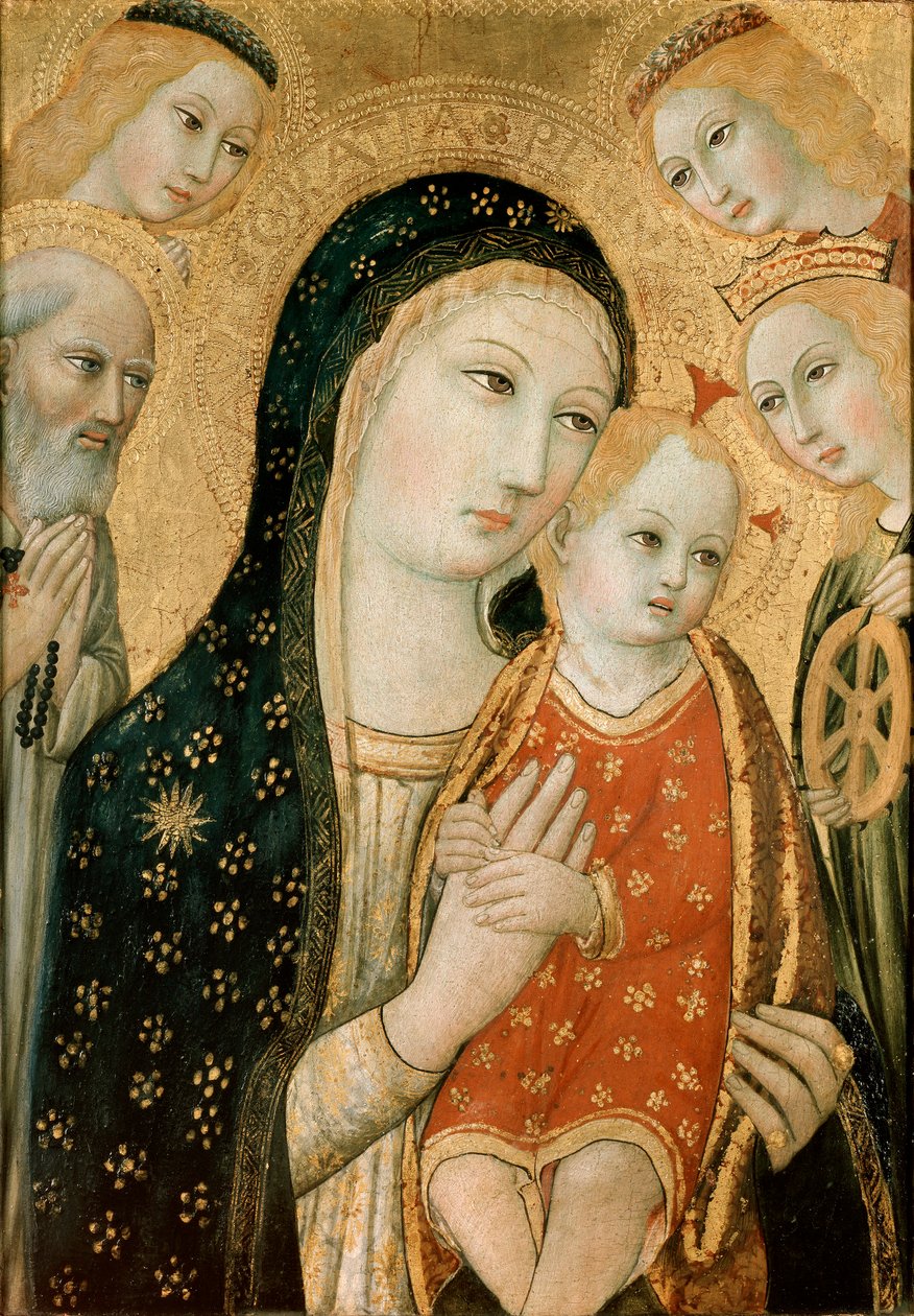 Panna a dítě se svatým Jeronýmem, svatou Kateřinou Alexandrijskou a dvěma anděly, c1470 od Sano di Pietro
